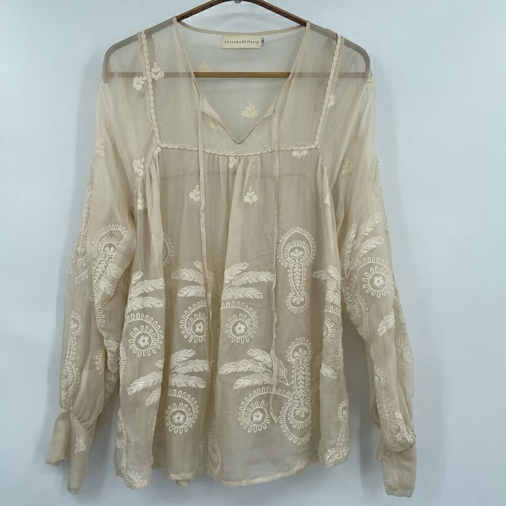 4 Love And Liberty Cream Floral Embroidered Sheer Silk Chiffon Blouse XS